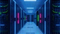 Data Center Corridor with Neon Lights, Server Racks, and Cables - Futuristic Tech Royalty Free Stock Photo