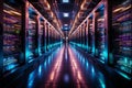 Data center corridor with rack servers, supercomputers, and high internet visualization projection