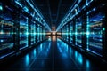 Data center corridor with rack servers, supercomputers, and internet visualization projection