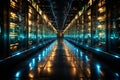 Data center corridor with rack servers, supercomputers, and internet visualization projection