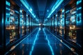 Data center corridor with rack servers, supercomputers, and internet visualization projection