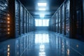 Data center corridor with rows of servers and bright windows in a modern facility Royalty Free Stock Photo