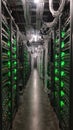 Data center corridor server rack green light network cable technology infrastructure hallway storage server room with glowing Royalty Free Stock Photo
