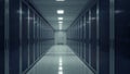 Data Center Corridor with Server Racks, Interior Perspective View, Technology Concept. Royalty Free Stock Photo