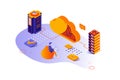 Data center 3d isometric concept with isometry people design for web. Man using database and cloud storage, processing datum and Royalty Free Stock Photo