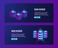Data center and database banners, server room icons, cloud storage information dark neon isometric