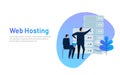 Data center design concept set with hosting servers icons isolated vector illustration. business man managing