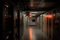 data center with emergency lights, generators, and fire suppression systems visible