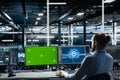 Data center engineer using green screen computer to run AI forecasting Royalty Free Stock Photo