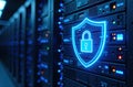 Data center featuring illuminated security icon with server racks in the background Royalty Free Stock Photo