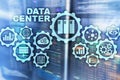 Data Center of the Future on a virtual screen. Business information technology concept. Storing data and securing