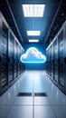 Data center hallway with cloud computing symbol, server racks, digital information technology Royalty Free Stock Photo