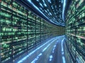 Data center hallway with illuminated servers representing digital information Royalty Free Stock Photo