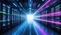 Data center hallway with rows of servers. Illuminated racks process information with glowing neon lights, creating high-speed Royalty Free Stock Photo