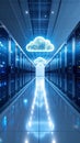 Data center with illuminated cloud computing symbols, server racks, and network infrastructure Royalty Free Stock Photo