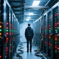 Data Center Infrastructure Management: IT Professional Navigating Server Room Aisle for Network Reliability Royalty Free Stock Photo