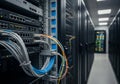 A data center interior featuring multiple server racks lined in a narrow corridor. Ethernet cables Royalty Free Stock Photo