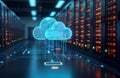 Data center interior shows cloud storage linked to computers. Tech infrastructure connects devices to cloud. Modern computing Royalty Free Stock Photo