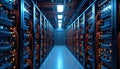 Data center interior shows organized network cables connecting server racks. Tech infrastructure efficient, structured. Modern