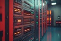 Data center interior with vibrant LED lit server racks visualizing modern technology infrastructure secure storage and digital