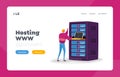 Data Center Landing Page Template. Engineer Male Character Work on Laptop in Server Room. Information Technology Royalty Free Stock Photo