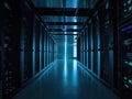 A data center lit up in an eerie blue light as AI scans for anomalies and unknown threats. . AI generation