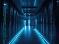 A data center lit up in an eerie blue light as AI scans for anomalies and unknown threats. . AI generation