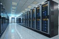 Data Center With Multiple Rows of Fully Operational Server Racks. Modern Telecommunications, Cloud Computing, Artificial