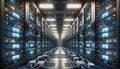 Data Center, multiple rows of Operational server racks, concept of cloud computing, artificial intelligence, super computer, Royalty Free Stock Photo