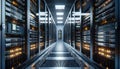 Data Center, multiple rows of Operational server racks, concept of cloud computing, artificial intelligence, super computer, Royalty Free Stock Photo
