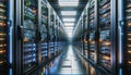 Data Center, multiple rows of Operational server racks, concept of cloud computing, artificial intelligence, super computer, Royalty Free Stock Photo