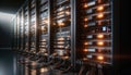 Data Center, multiple rows of Operational server racks, concept of cloud computing, artificial intelligence, super computer, Royalty Free Stock Photo