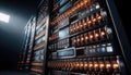 Data Center, multiple rows of Operational server racks, concept of cloud computing, artificial intelligence, super computer, Royalty Free Stock Photo