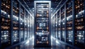 Data Center, multiple rows of Operational server racks, concept of cloud computing, artificial intelligence, super computer, Royalty Free Stock Photo