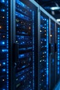 Data Center Multiple Rows Operational Server Racks. Modern Telecommunications, Cloud Computing, Artificial Intelligence, Database Royalty Free Stock Photo