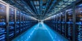 Data Center Multiple Rows Operational Server Racks. Modern Telecommunications, Cloud Computing, Artificial Intelligence, Database Royalty Free Stock Photo