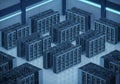 A data center with multiple server racks aligned in rows, featuring interconnected cables and Royalty Free Stock Photo