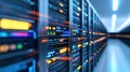 Data center with multiple servers and illuminated panels creating vibrant atmosphere