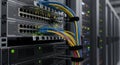 Data Center Network Infrastructure - Server Racks with Ethernet Cables and Switches Royalty Free Stock Photo