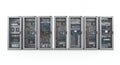 Data Center Rack Servers Array in White Background with Advanced Network Infrastructure Equipment and Multiple Cables Royalty Free Stock Photo