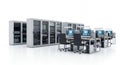 Data Center Room with White Servers and Workstations for Network Infrastructure Design and Cloud Computing in a Clean Royalty Free Stock Photo