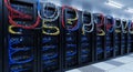 Data Center with Rows of Servers and Cables in a Well Lit Room Modern Server Room with Rows of Network Racks Storage Royalty Free Stock Photo