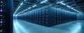 Data center with rows of servers. Computers process information in large facility. Modern tech room with blinking lights and Royalty Free Stock Photo