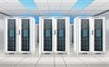 A data center's server room is depicted with a futuristic design, showcasing several server racks illuminated by Royalty Free Stock Photo