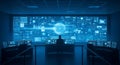 Data Center Security Operator Monitoring Network Activity Amidst Blue Futuristic Interface on Multiple Screens Royalty Free Stock Photo