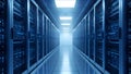Data Center Server Hallway, Network Servers, Modern Data Storage Technology, Blue Lights Royalty Free Stock Photo
