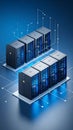 Data center server racks with digital network connections on blue background Royalty Free Stock Photo