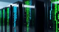 Data Center Server Racks with Glowing Blue and Green Binary Code Royalty Free Stock Photo