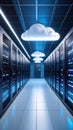 Data center server racks illuminated by blue lights with conceptual cloud shapes overhead Royalty Free Stock Photo