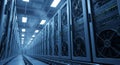 Data Center Server Racks Illuminated in Cool Blue Tones Arranged in Rows Providing Modern Digital Technology Infrastructure Royalty Free Stock Photo